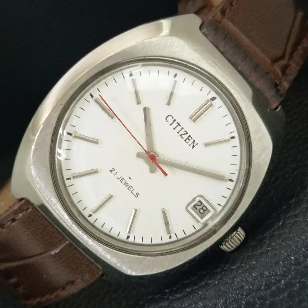 Vintage 1980 Citizen Manual Wound Mens Silver Watch W/Date & White accents